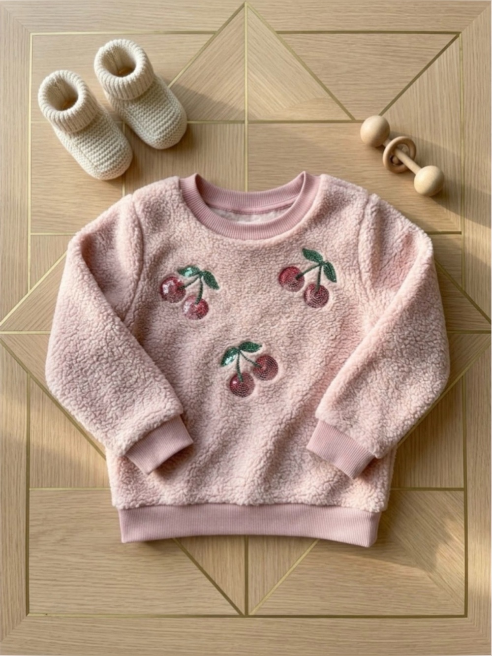Derek Heart Girls Pink Cherry Sequin Sherpa Fleece Sweatshirt & Jogger Set - Picture 12 of 12